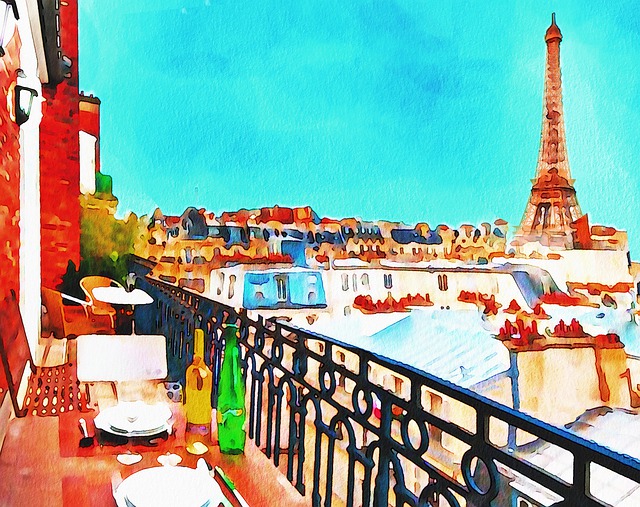 akvarel paříž balkon